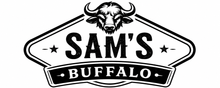 Logo of Sam's Buffalo with a stylized bull head and text on a white background